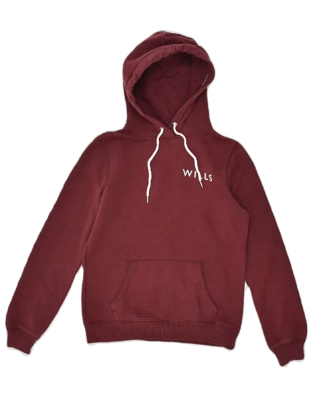 JACK WILLS Womens Graphic Hoodie Jumper UK 10 Small  Burgundy Cotton Hoodie with Slit Hem Functional Movement