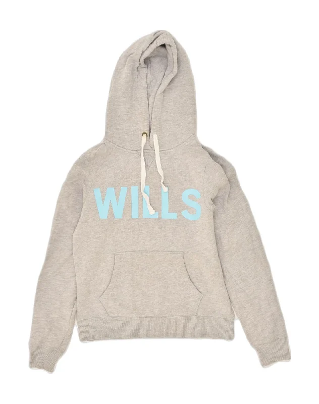 JACK WILLS Womens Graphic Hoodie Jumper UK 10 Small Grey Cotton Hoodie with Rolled Sleeves Casual Relaxed