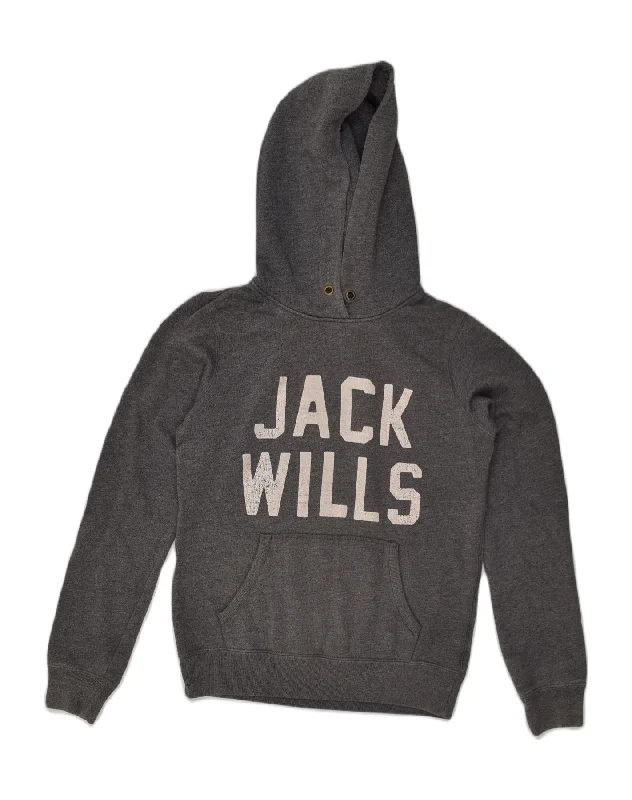 JACK WILLS Womens Graphic Hoodie Jumper UK 10 Small Grey Cotton Cotton Hoodie Fleece Lining Warmth