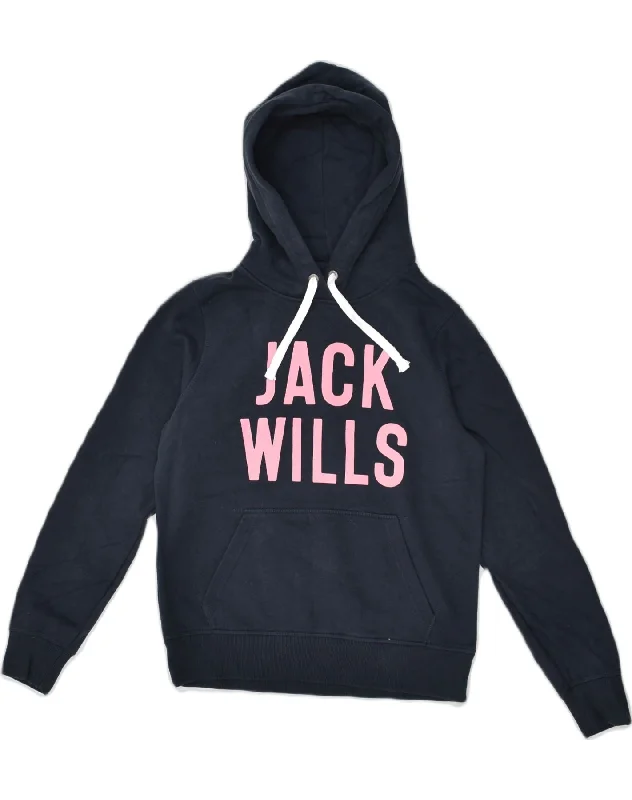 JACK WILLS Womens Graphic Hoodie Jumper UK 10 Small  Navy Blue Cotton Hoodie with Mesh Breathable Sporty