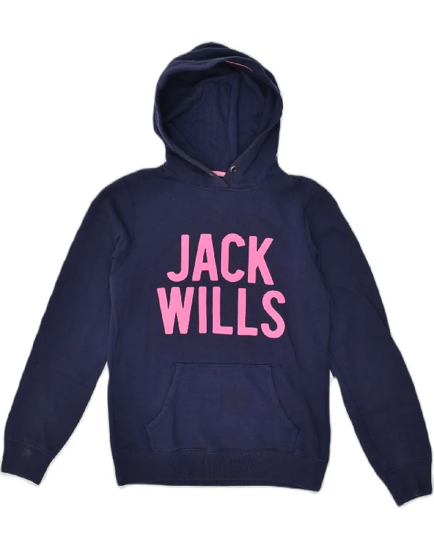 JACK WILLS Womens Graphic Hoodie Jumper UK 10 Small  Navy Blue Cotton Hoodie with Pattern Geometric Abstract
