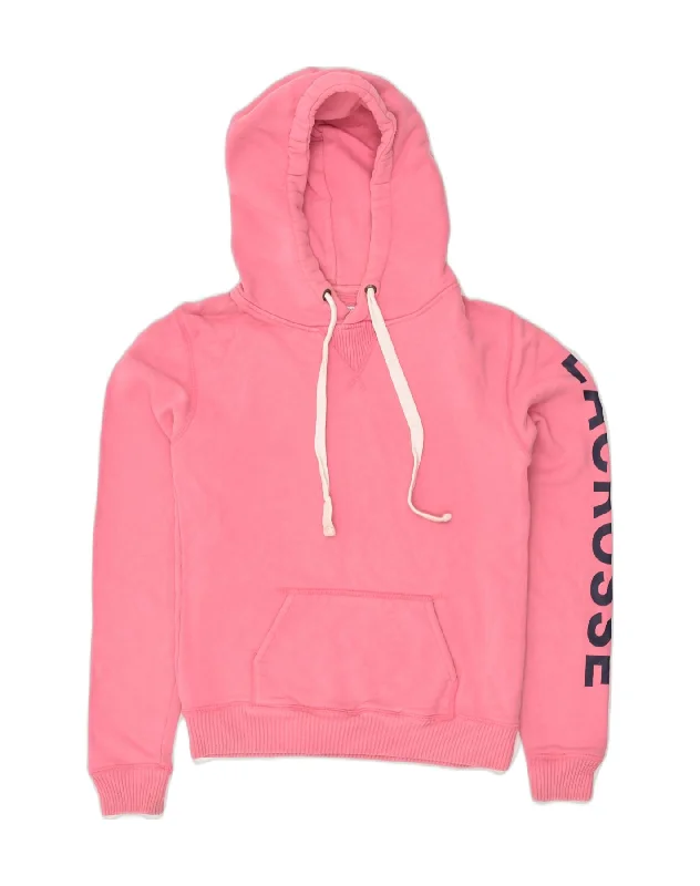 JACK WILLS Womens Graphic Hoodie Jumper UK 10 Small Pink Cotton Hoodie with Hem Raw Edge Edgy Unfinished