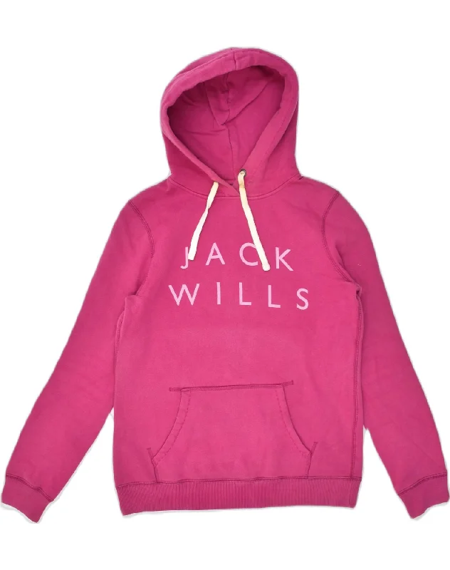 JACK WILLS Womens Graphic Hoodie Jumper UK 10 Small Pink Cotton Hoodie with Hem Detail Decorative Unique