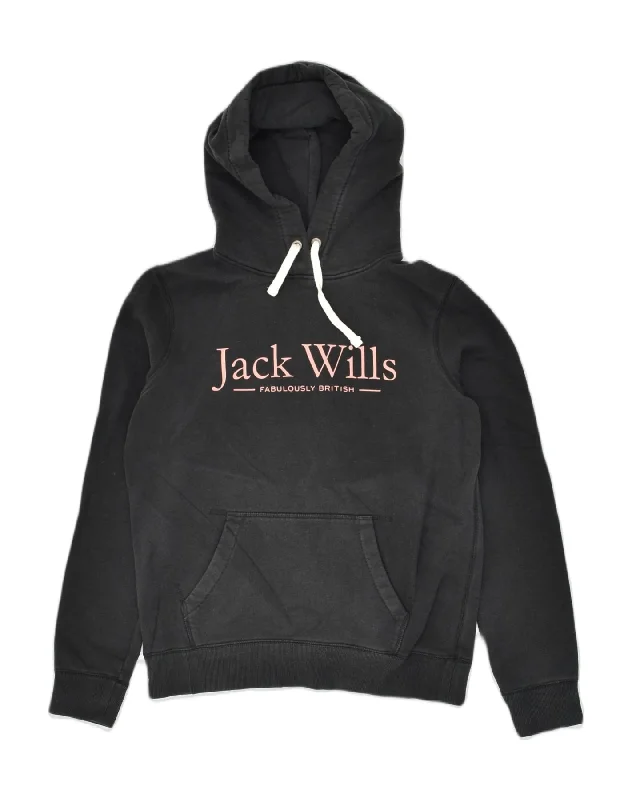 JACK WILLS Womens Graphic Hoodie Jumper UK 12 Medium  Black Cotton Graphic Hoodie Design Print