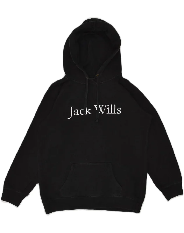 JACK WILLS Womens Graphic Hoodie Jumper UK 12 Medium  Black Cotton Hoodie with Hem Embroidery Detailed Premium