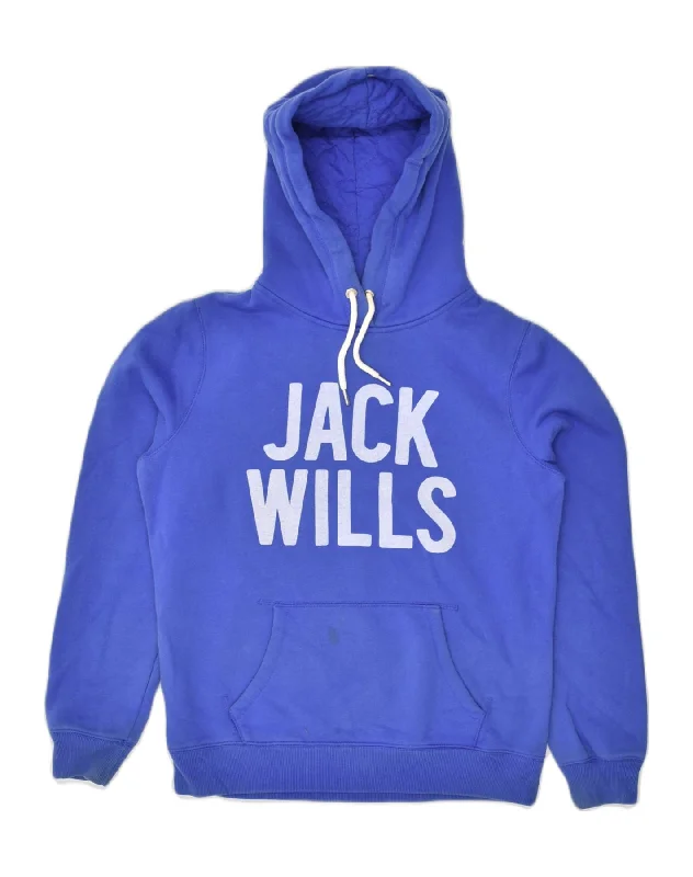 JACK WILLS Womens Graphic Hoodie Jumper UK 12 Medium Blue Cotton Hoodie with Strings Custom Fit Adjustable