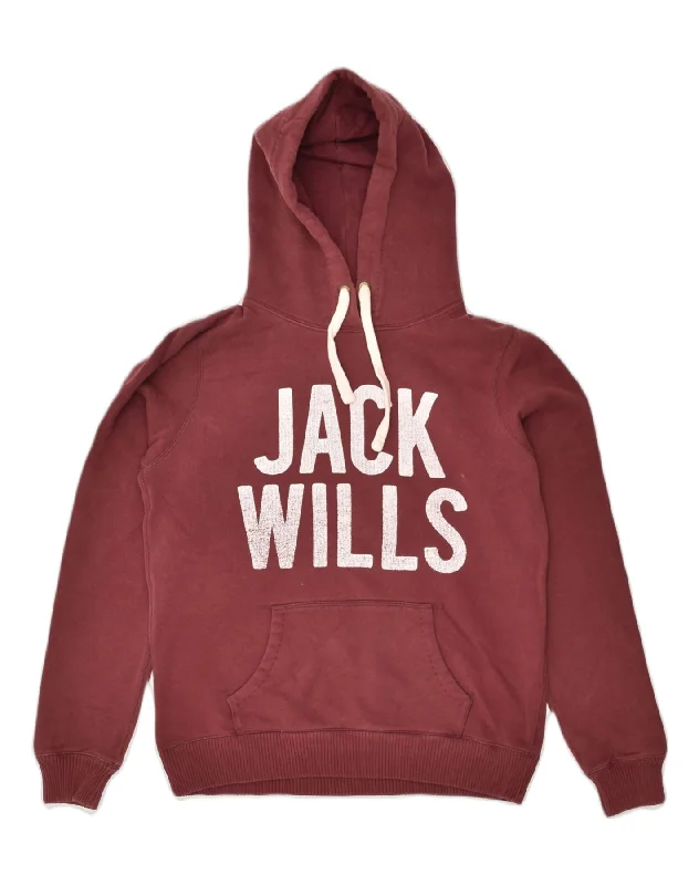 JACK WILLS Womens Graphic Hoodie Jumper UK 12 Medium Maroon Cotton Hoodie Sweatshirt Pullover