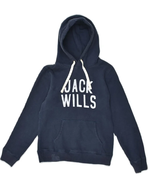 JACK WILLS Womens Graphic Hoodie Jumper UK 12 Medium  Navy Blue Cotton Hoodie with Back Slit Movement Comfort