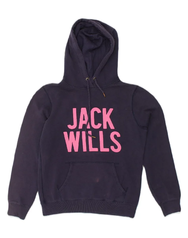 JACK WILLS Womens Graphic Hoodie Jumper UK 12 Medium Navy Blue Cotton Hoodie with Applique Textured Unique