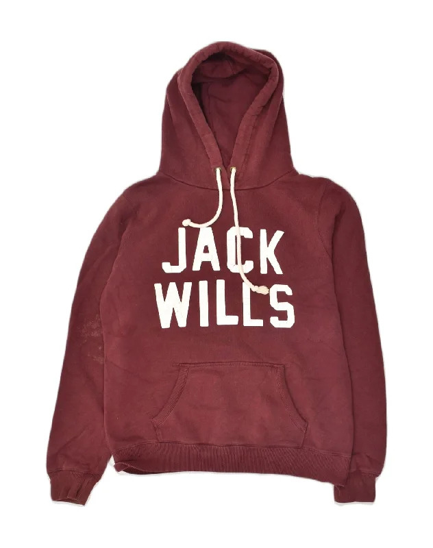 JACK WILLS Womens Graphic Hoodie Jumper UK 14 Large Burgundy Cotton Hoodie with High Neck Warm Protective