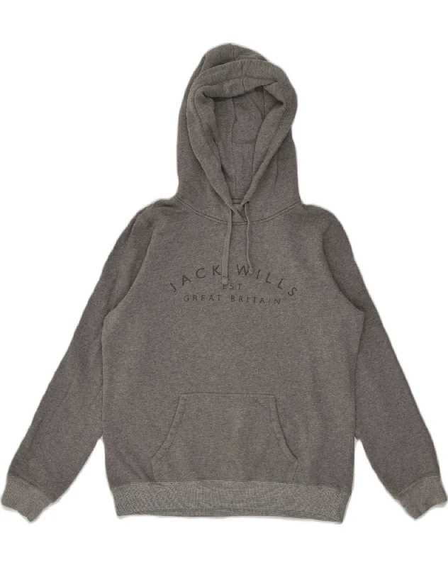 JACK WILLS Womens Graphic Hoodie Jumper UK 14 Large  Grey Cotton Hoodie with Hem Elastic Stretchable Comfortable