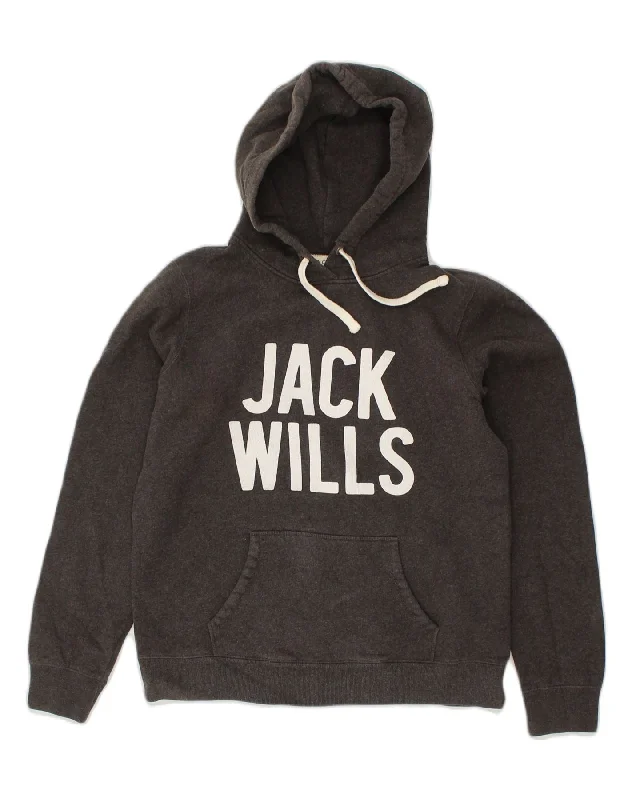 JACK WILLS Womens Graphic Hoodie Jumper UK 14 Medium Grey Cotton Hoodie with Double Zipper Versatile Adjustable