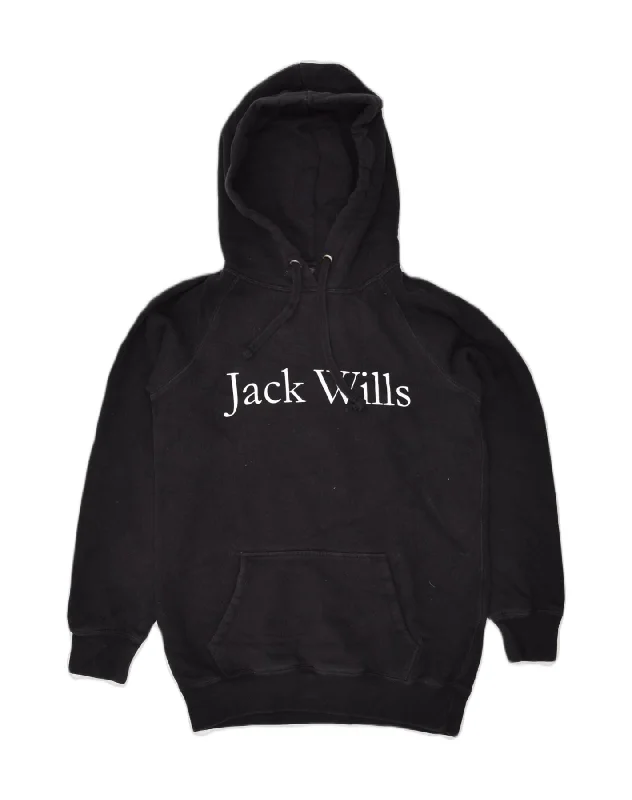 JACK WILLS Womens Graphic Hoodie Jumper UK 6 XS Black Cotton Graphic Hoodie Design Print