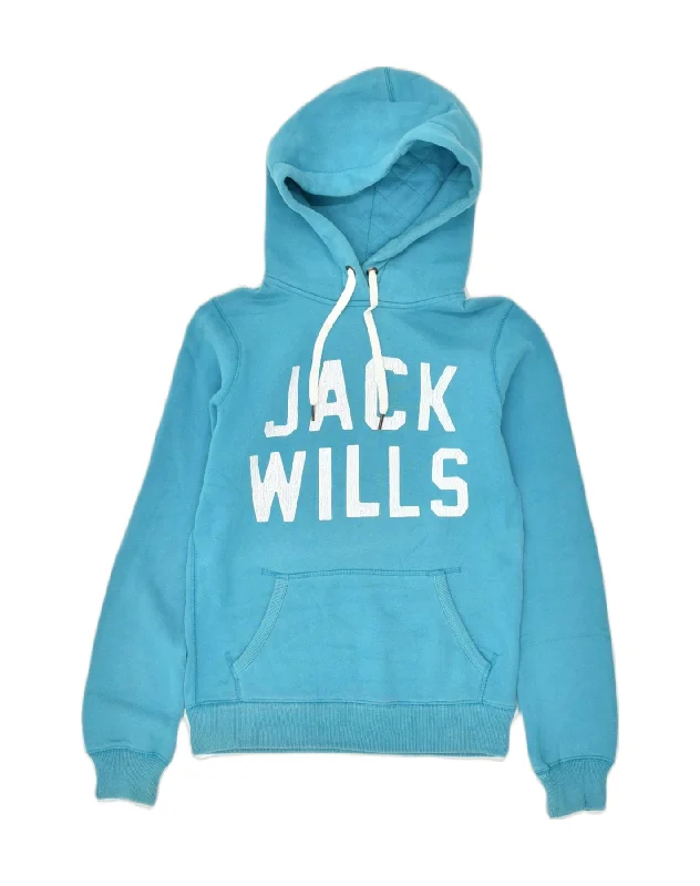 JACK WILLS Womens Graphic Hoodie Jumper UK 6 XS Blue Cotton Hoodie with Slim Fit Tailored Modern