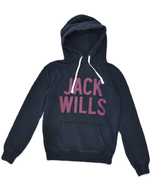 JACK WILLS Womens Graphic Hoodie Jumper UK 6 XS Navy Blue Cotton Hoodie with Illustration Artistic Creative