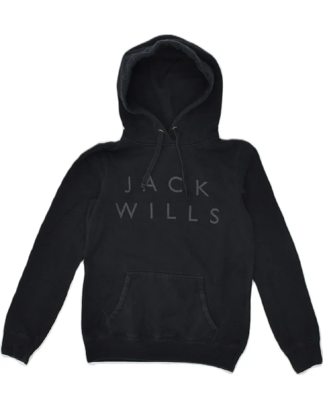 JACK WILLS Womens Graphic Hoodie Jumper UK 8 Small Black Cotton Hoodie with Slit Hem Functional Movement