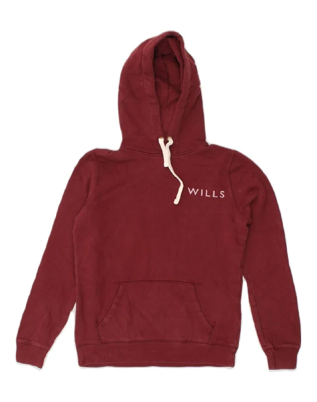 JACK WILLS Womens Graphic Hoodie Jumper UK 8 Small Maroon Cotton Hoodie with Illustration Artistic Creative