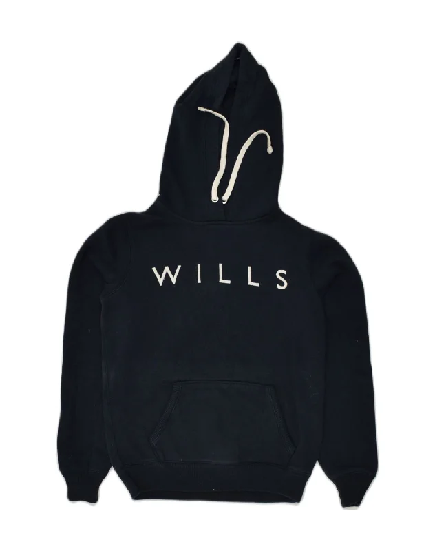 JACK WILLS Womens Graphic Hoodie Jumper UK 8 Small Navy Blue Cotton Hoodie with Hem Lace Feminine Delicate