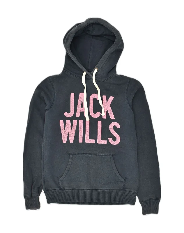 JACK WILLS Womens Graphic Hoodie Jumper UK 8 Small  Navy Blue Cotton Hoodie with Distressed Vintage Worn