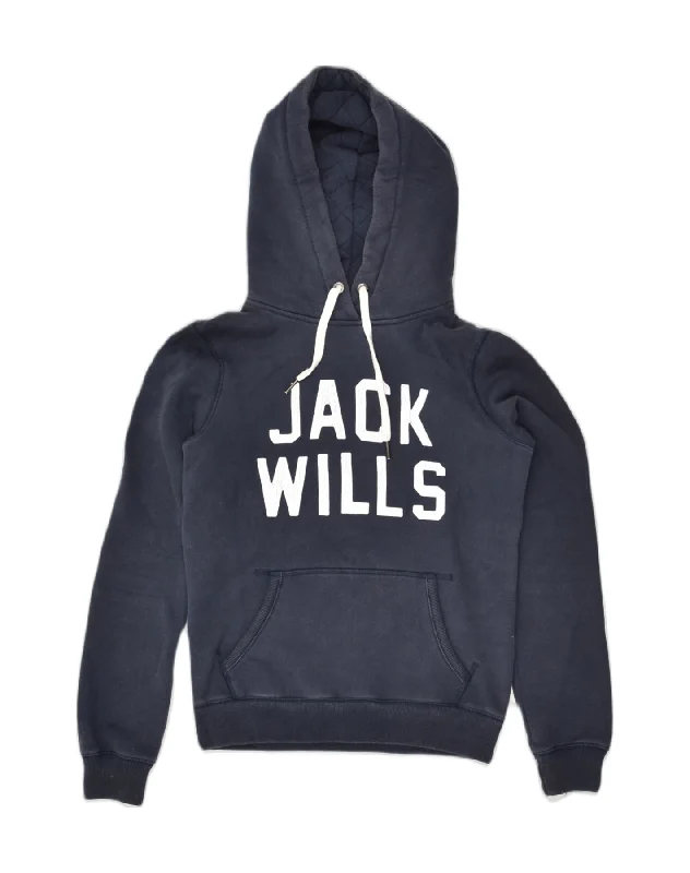 JACK WILLS Womens Graphic Hoodie Jumper UK 8 Small Navy Blue Cotton Hoodie with Tied Waist Feminine Flattering