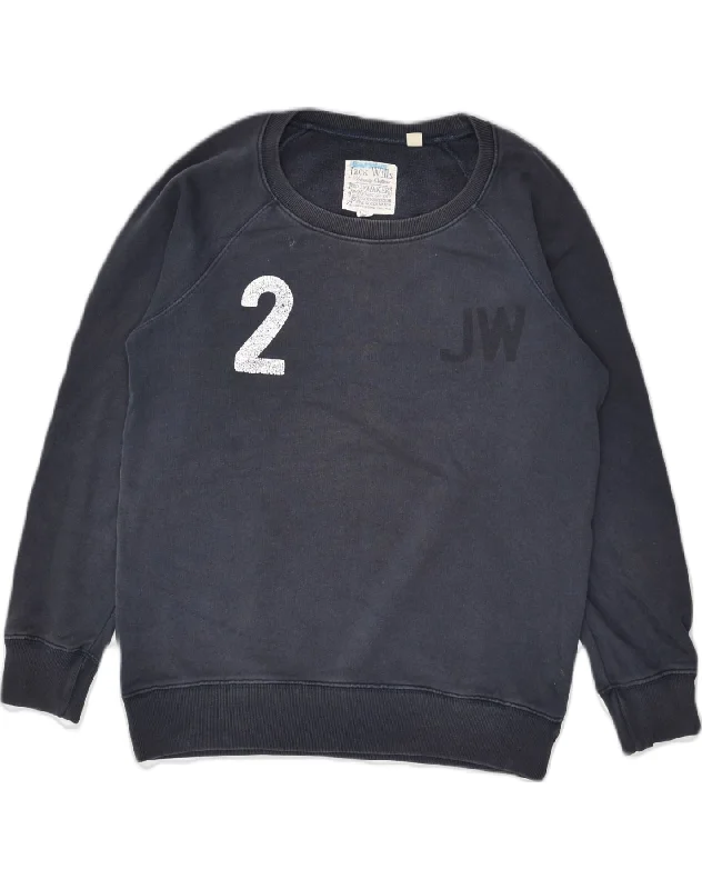 JACK WILLS Womens Graphic Sweatshirt Jumper UK 10 Small Navy Blue Cotton Hoodie with Thumb Holes Functional Cozy