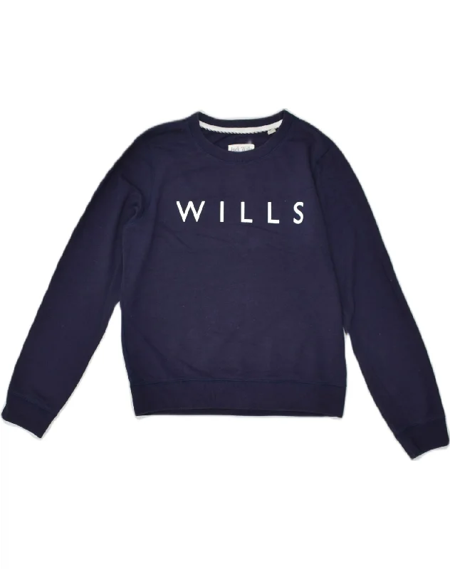 JACK WILLS Womens Graphic Sweatshirt Jumper UK 10 Small  Navy Blue Cotton Hoodie with Rhinestones Sparkly Elegant