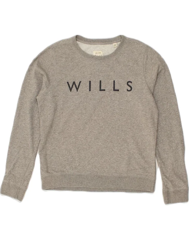 JACK WILLS Womens Graphic Sweatshirt Jumper UK 12 Medium Grey Cotton Hoodie with Velcro Closure Adjustable Secure