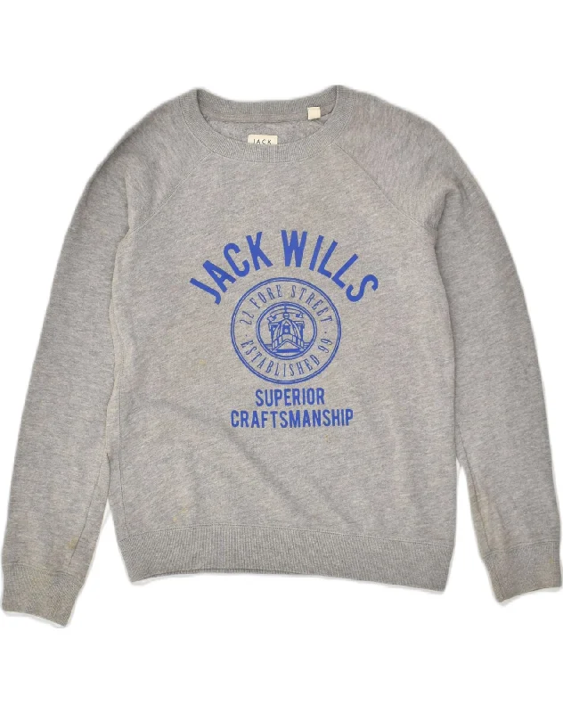 JACK WILLS Womens Graphic Sweatshirt Jumper UK 8 Small  Grey Cotton Hoodie with Front Slit Layering Stylish