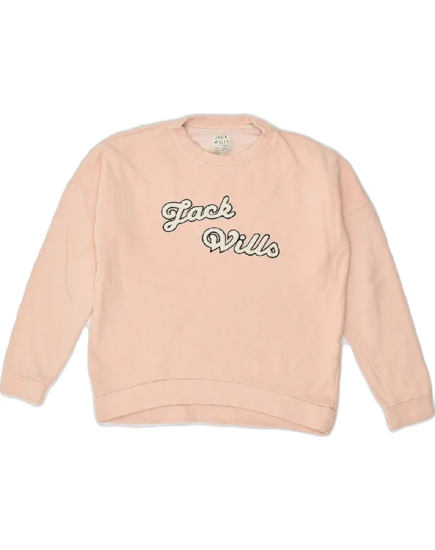 JACK WILLS Womens Graphic Sweatshirt Jumper UK 8 Small  Pink Cotton Hoodie with Color Block Contrast Stylish