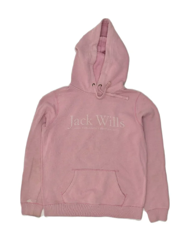 JACK WILLS Womens Hoodie Jumper UK 14 Large Pink Cotton Hoodie with Hem Patch Decorative Personalized