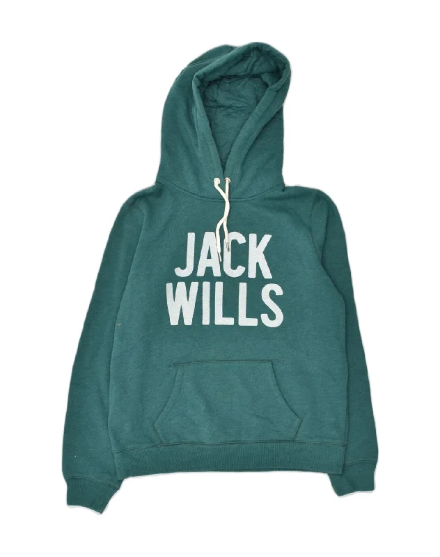 JACK WILLS Womens Loose Fit Graphic Hoodie Jumper UK 14 Large Green Cotton Hoodie with Magnetic Closure Innovative Modern