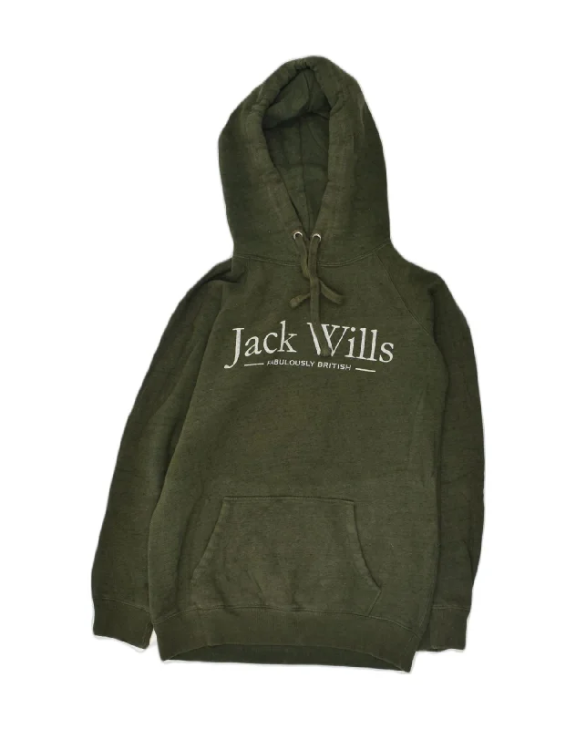 JACK WILLS Womens Loose Fit Graphic Hoodie Jumper UK 6 XS Khaki Cotton Hoodie with Half-Zip Sporty Casual