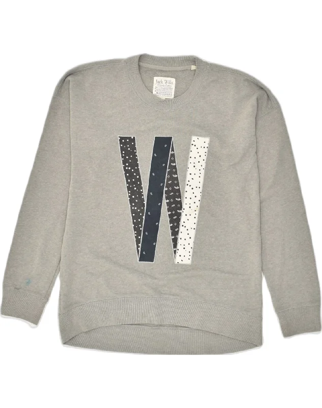 JACK WILLS Womens Oversized Graphic Sweatshirt Jumper UK 10 Small  Grey Hoodie with Hem Raw Edge Edgy Unfinished