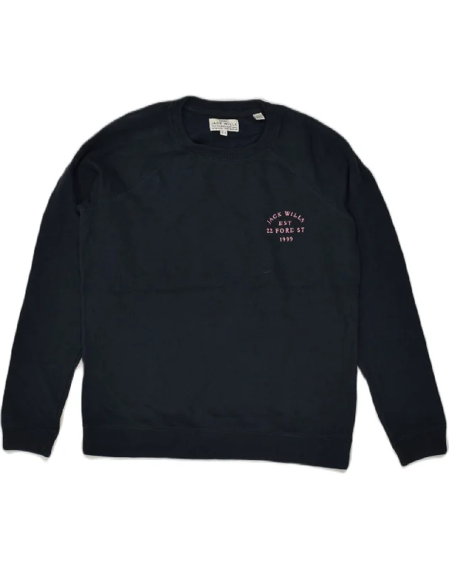 JACK WILLS Womens Sweatshirt Jumper UK 14 Medium Navy Blue Cotton Hoodie Crop Top Short Trendy