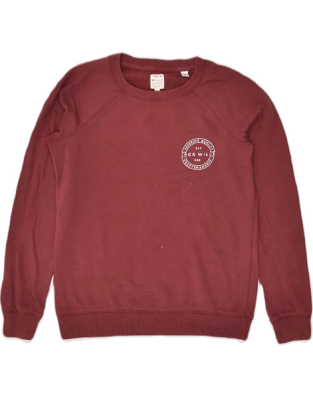 JACK WILLS Womens Sweatshirt Jumper UK 8 Small Maroon Cotton Hoodie with Ribbed Cuffs Snug Fit Comfort