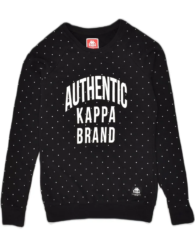 KAPPA Womens Graphic Sweatshirt Jumper UK 6 XS Black Spotted Cotton Hoodie Sweatshirt Pullover