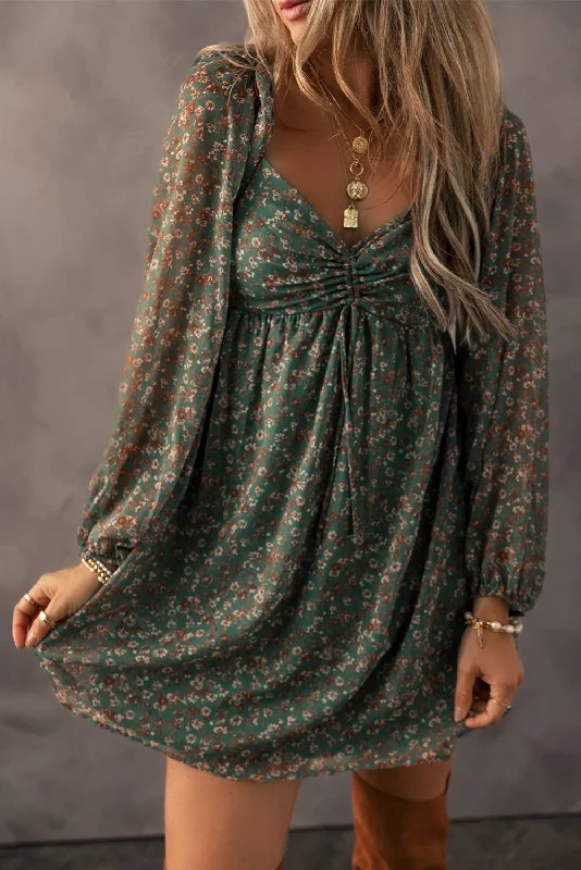 Drawstring Ruched Sweetheart Neck Floral Mini Dress Comfortable Shift Mini Dress