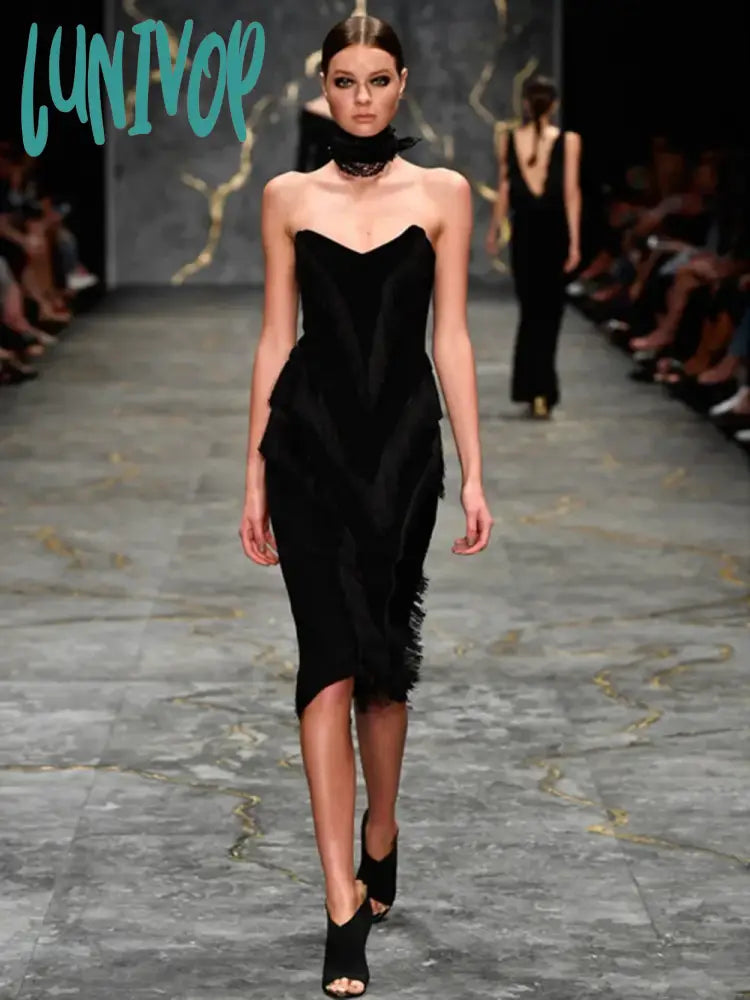 Lunivop New Women Sexy Backless Tassels Black Sleeveless Bodycon Mini Dress Birthday Evening Cocktail Party Club Dresses Vestido Robe Fashionable Polka Dot Mini Dress