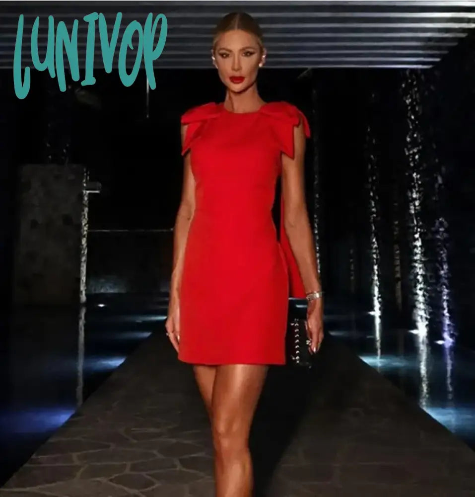 Lunivop Red Bow Backless Hollow Out Gown Mini Dress For Women Sleeveless Split Back Button Cut Out Lady Party Club Evening Vestidos Robe Fashionable Boho-Chic Mini Dress