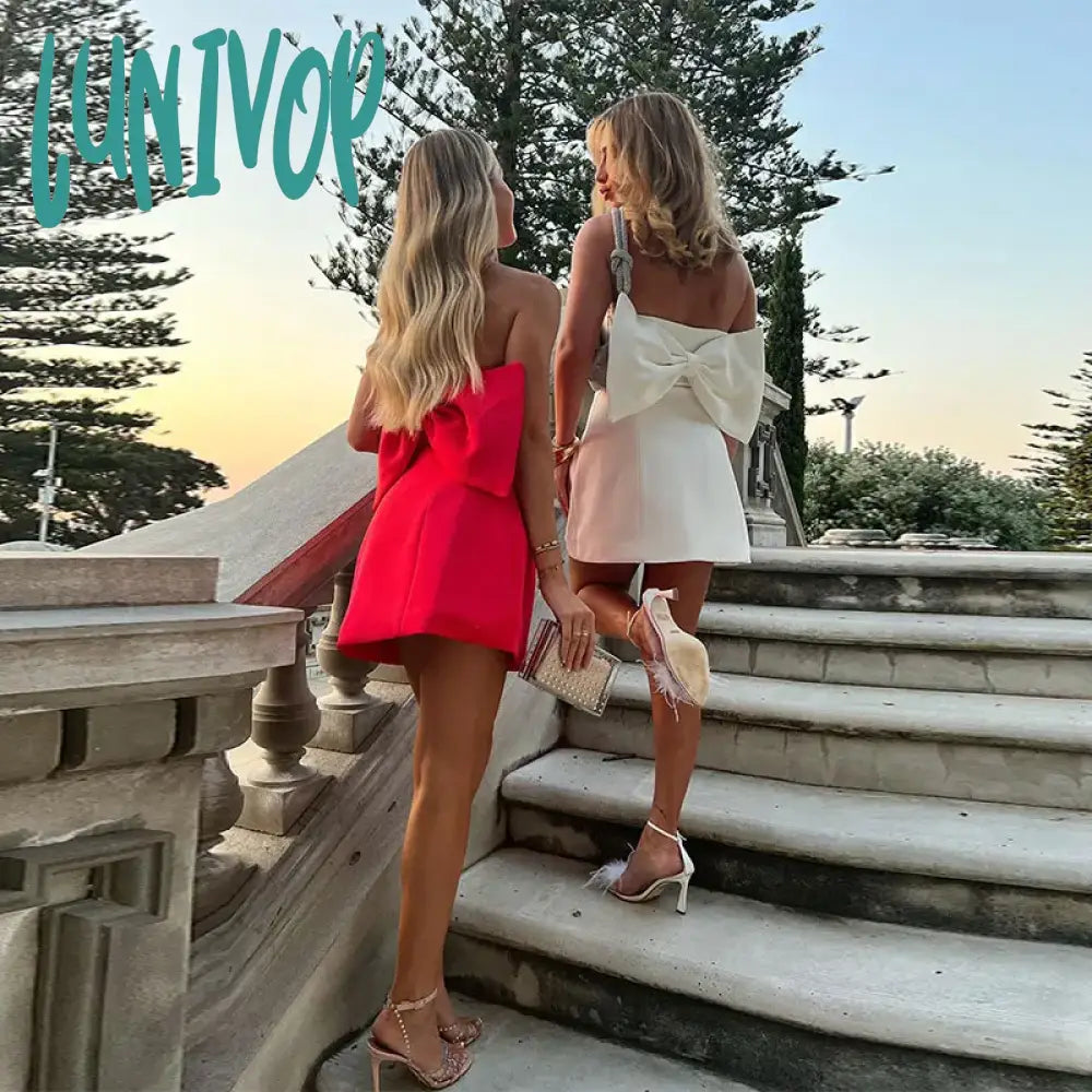 Lunivop Sexy Off Shoulder Back Bow Mini Dress For Women Elegant Chic Sleeveless Backless Strapless Vestidos Lady Evening Party Club Robe Chic Halter Mini Dress