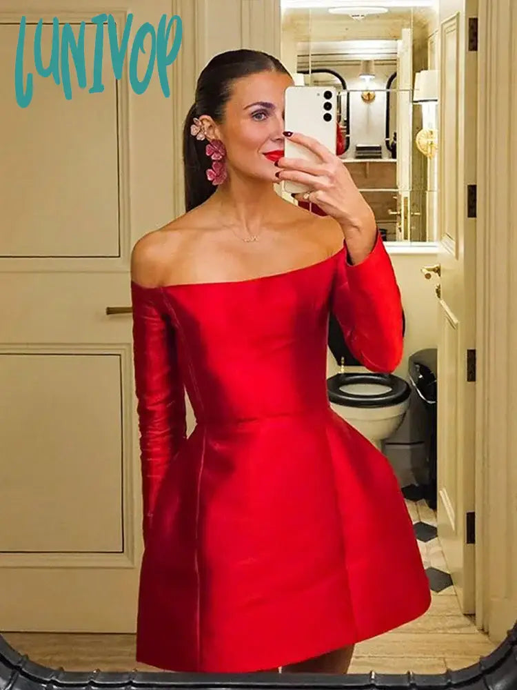 Lunivop Sexy Slash Neck Long Sleeve Mini Dress For Women Fashion Pleated Slim Fit A-line Dresses 2024 Spring Ladies Evening Party Robe Trendy Lace Mini Dress