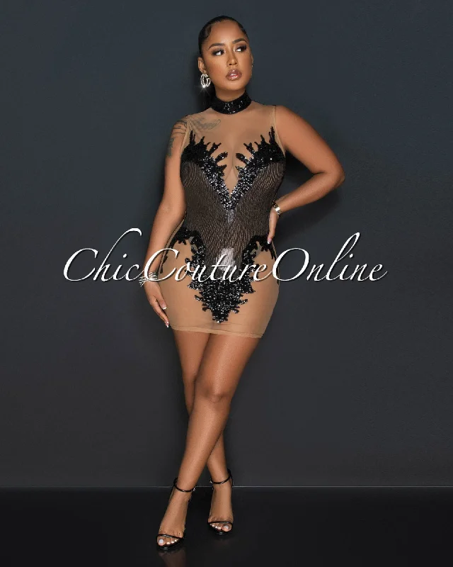 Meddy Black Nude Mesh Sheer Sequins Mini Dress Comfortable Zip-Up Mini Dress