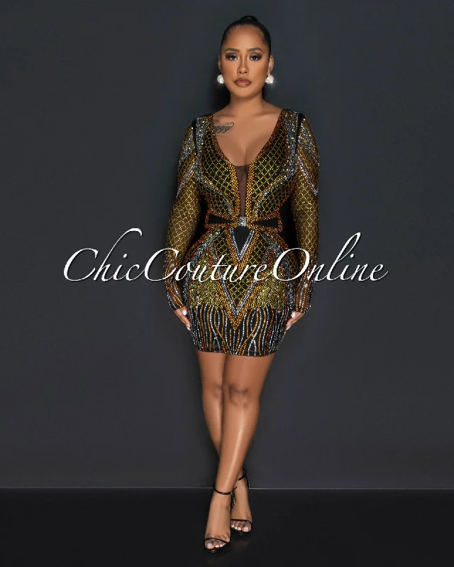 Mills Black Yellow & Silver Rhinestones Mesh Mini Dress Elegant Lace Mini Dress