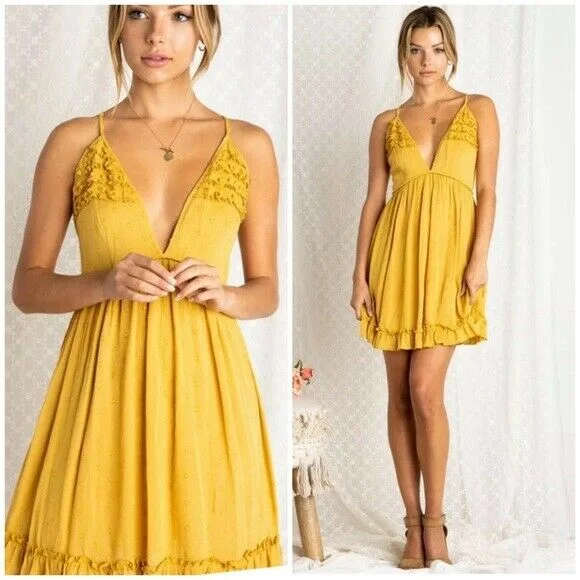 Mustard Boho Swiss Polka Dot Ruffle Deep V Neck Casual Mini Dress Cozy T-Shirt Mini Dress