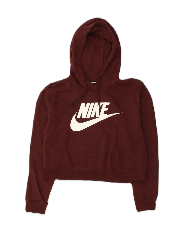 NIKE Womens Crop Graphic Hoodie Jumper UK 14 Large Brown Cotton Hoodie with Applique Textured Unique