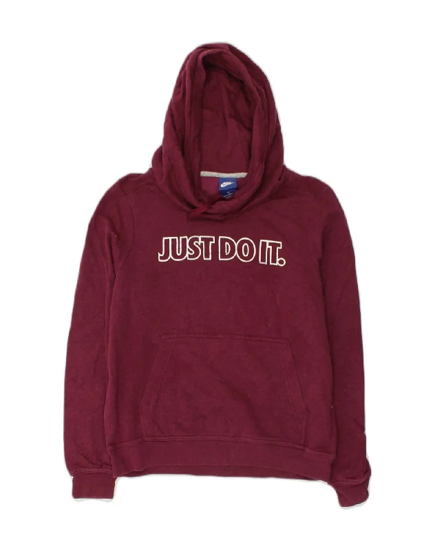 NIKE Womens Graphic Hoodie Jumper UK 10 Small Burgundy Cotton Hoodie with Belted Waist Structured Tailored