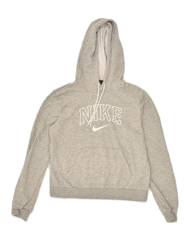 NIKE Womens Graphic Hoodie Jumper UK 14 Medium Grey Cotton Hoodie with Batwing Sleeves Loose Dramatic