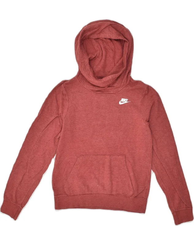 NIKE Womens Hoodie Jumper UK 6 XS  Brown Cotton Hoodie with Neon Bright Vibrant