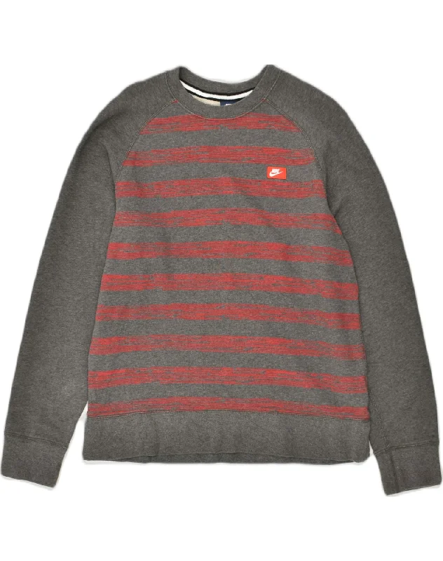 NIKE Womens Sweatshirt Jumper UK 16 Large Grey Striped Cotton Hoodie with Earth Tones Natural Calm