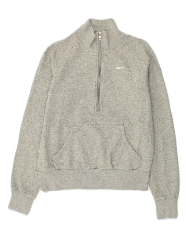 NIKE Womens Zip Neck Sweatshirt Jumper UK 14 Medium Grey Cotton Hoodie with Pastel Soft Subtle